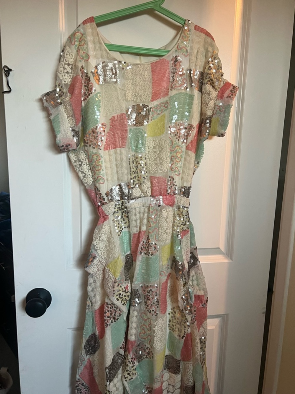 Eva Franco Cream Midi Dress with Pastel Patchwork and Sequins